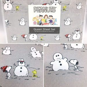 4pc Berkshire Peanuts Snoopy Building Snowman QUEEN Sheet Set Winter Woodstock
